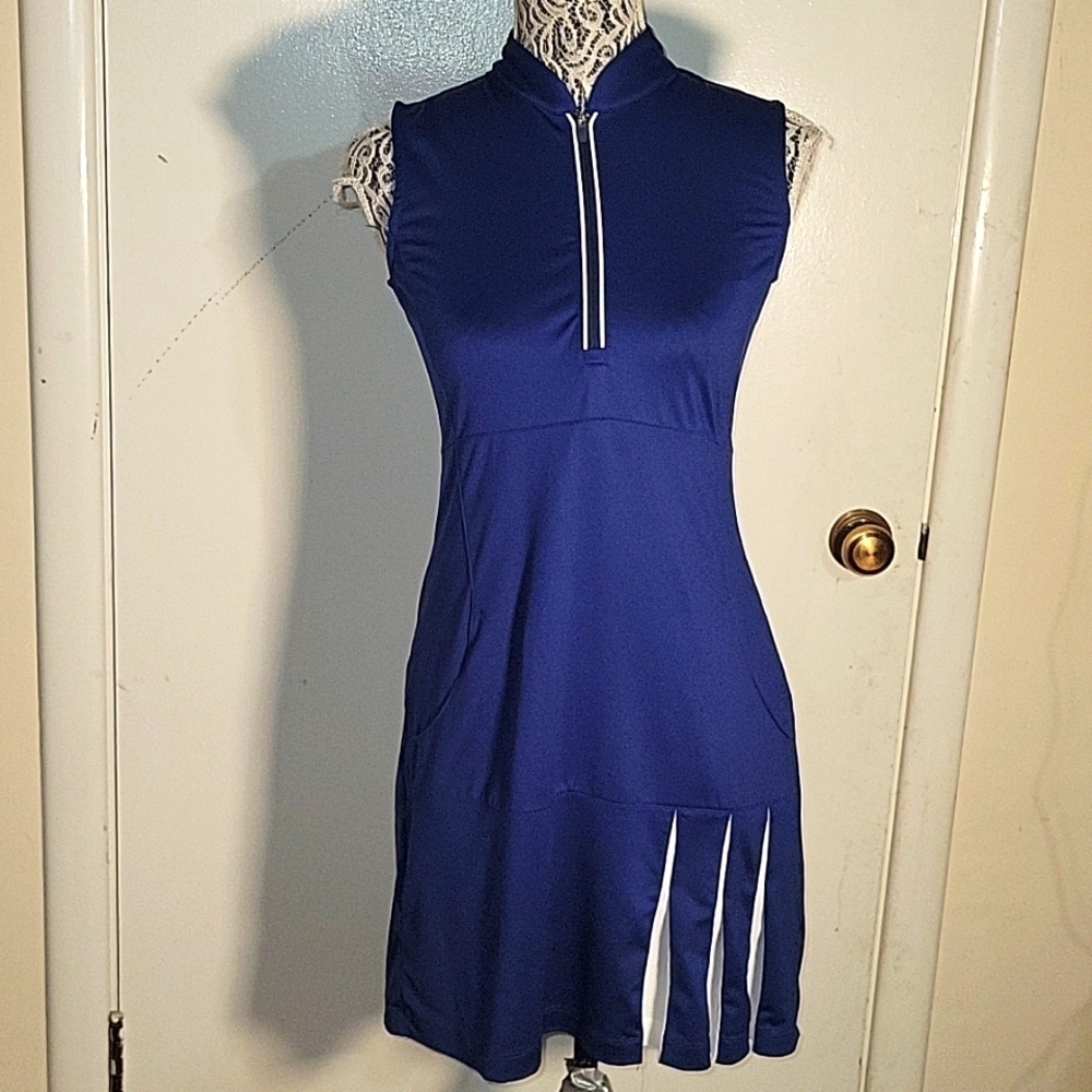 EP Pro Women Navy Blue Quarter Zip Sleeveless Pleated Golf Tennis Dress